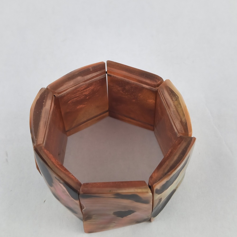 Vintage Mother of Pearl Shell Stretch Cuff Bracelet Iridescent Brown Wide Panel - Picture 5 of 12
